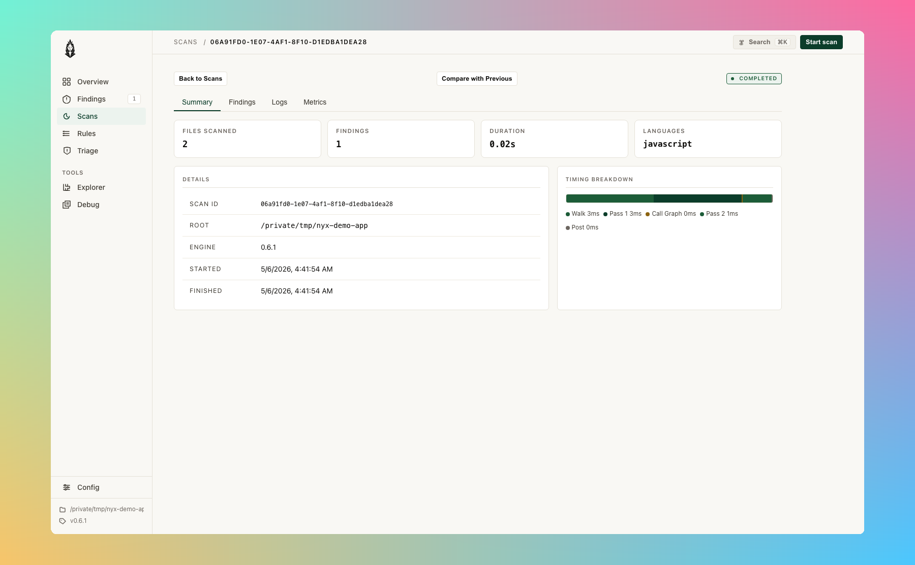 Nyx scan detail: Summary tab with files scanned, findings, duration, languages; Details panel with Scan ID, Root, Engine version, started/finished timestamps; Timing breakdown bar showing Walk/Pass 1/Call Graph/Pass 2/Post